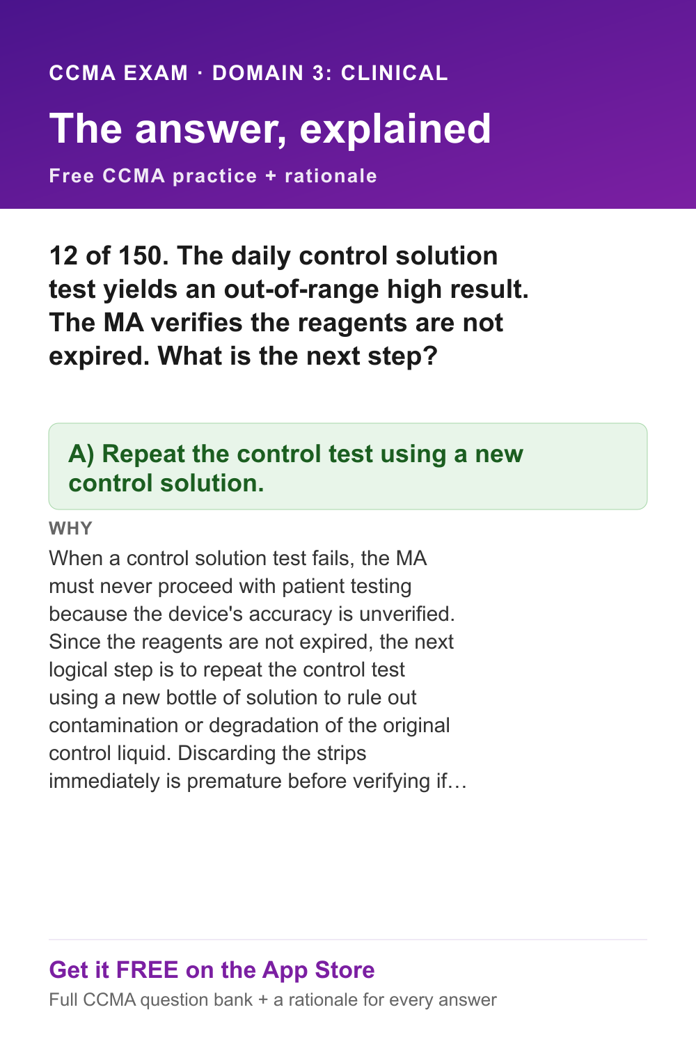 CCMA answer and rationale — Domain 3: Clinical Patient Care - Point of Care Testing and Laboratory Procedures