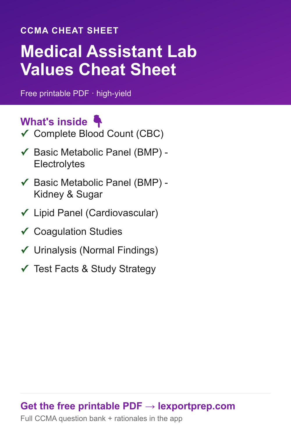 CCMA Medical Assistant Lab Values Cheat Sheet β free printable quick-reference chart