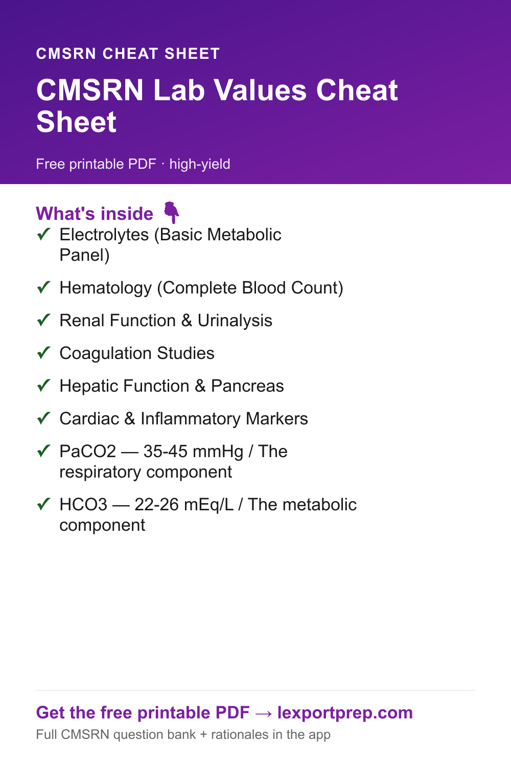 CMSRN Lab Values Cheat Sheet — free printable quick-reference chart