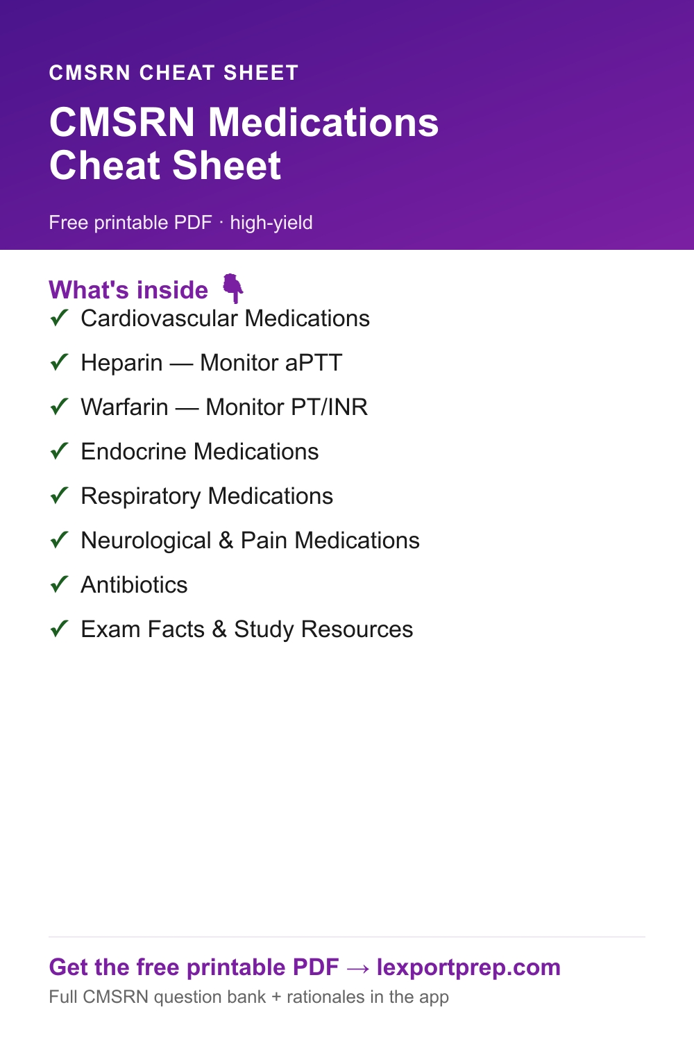 CMSRN Medications Cheat Sheet — free printable quick-reference chart