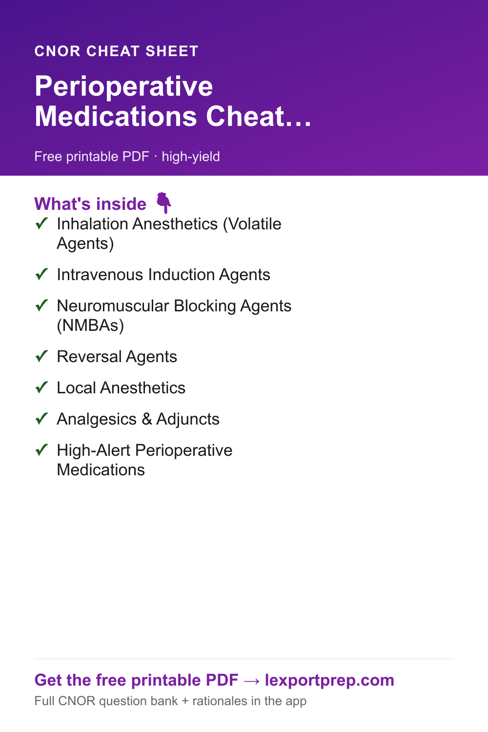 CNOR Perioperative Medications Cheat Sheet — free printable quick-reference chart